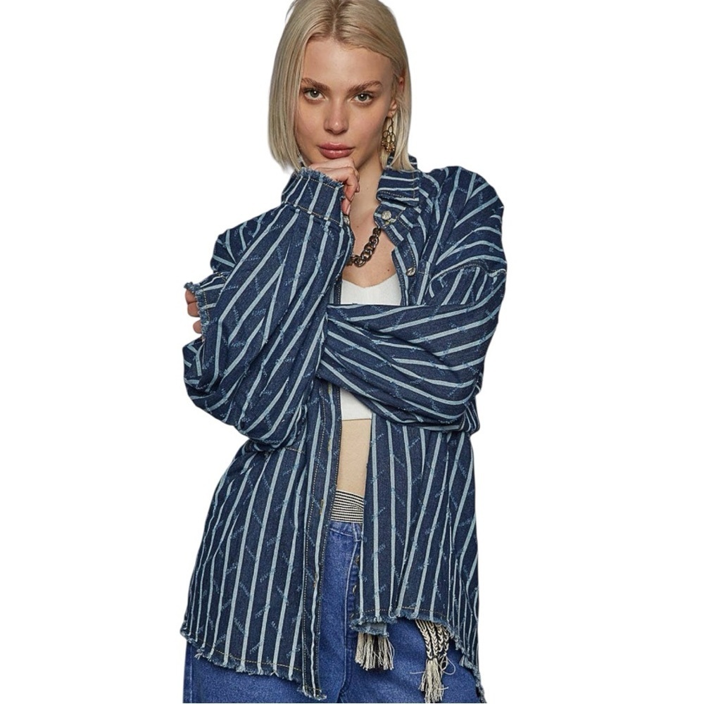 🌸POL Blue and White Striped Twill Shacket P003